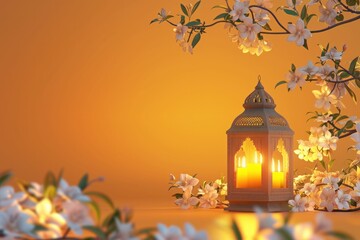 Elegant Arabic lantern illuminates beside spring tree with flowers on vibrant orange background