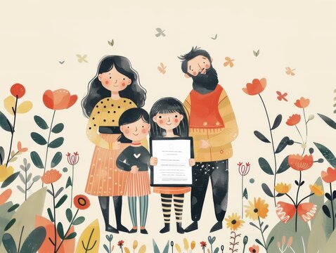 Family photo around the child holding a certificate. 