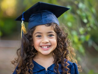 Child in graduation cap smiling broadly. 