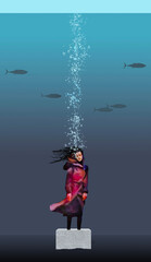 A girl is drowning in sorrow and is underwater as he last breaths bubble to the surface in a 3-d illustration about dealing with problems.