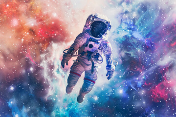 Fototapeta premium Watercolor Astronaut floating with a colorful nebula backdrop 