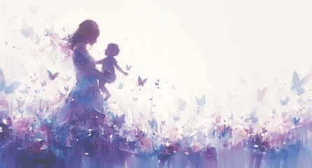 A watercolor illustration of an elegant mother embracing her child