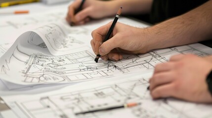 Engineering design class, close-up on student sketching blueprints, clear focus on drawing 