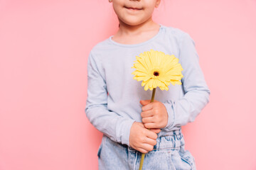 Child holding a flower in her hands on Mother's Day holiday against a pink background.