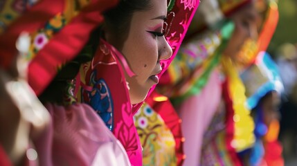 Cultural dance training, vibrant traditional costumes, close-up on dancerâ€™s expressive face 