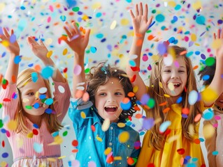 Kids tossing paper confetti in celebration. 