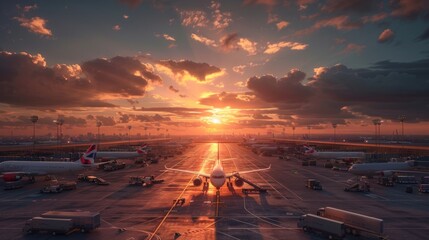 The Sun Sets on Airport, Highlighting a Busy Landscape of Departing Planes and Scattering Trucks