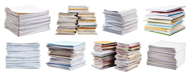 Set of towering stacks of paperwork and files, cut out