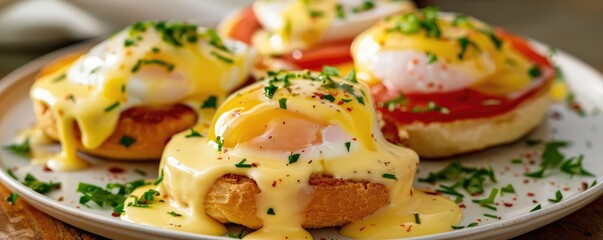 Eggs with poached eggs, ham, English muffins, and daise sauce, ready to eat