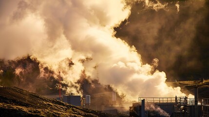 Geothermal power station, steam rising, close focus, early morning light, high-detail texture 