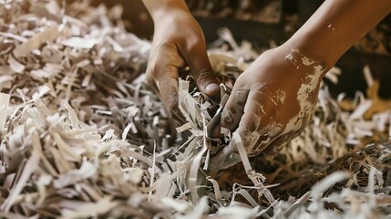 Recycled paper processing plant, close-up on hands and paper, warm lighting, high saturation 