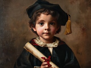 Solo portrait of a child with a miniature diploma.