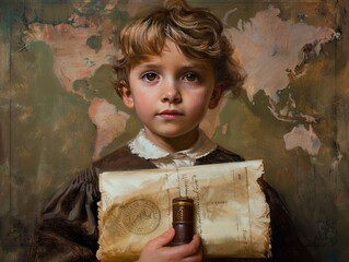 Solo portrait of a child with a miniature diploma.