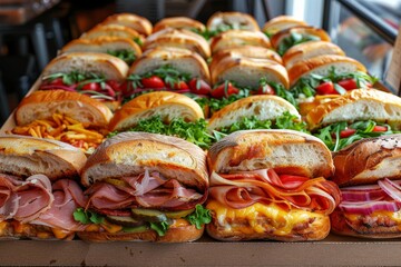 An appetizing array of fresh deli sandwiches with various fillings showcased in an inviting arrangement