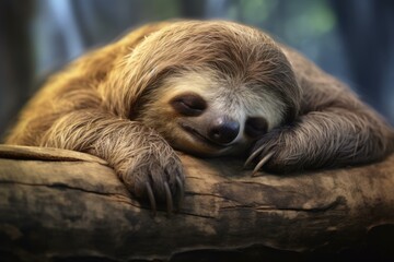 Obraz premium Hanging Sleeping sloth on branch. Wildlife animal forest tropical mammal. Generate Ai