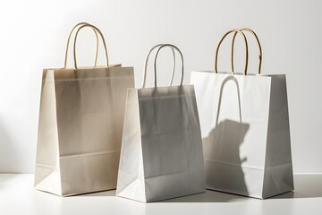 Minimalist, versatile composition three white paper bags of varying sizes and orientations - obrazy, fototapety, plakaty