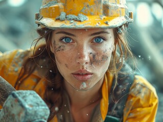 A powerful safety campaign image showing a woman wearing a helmet as a sledgehammer strikes, underscoring the importance of helmet use
