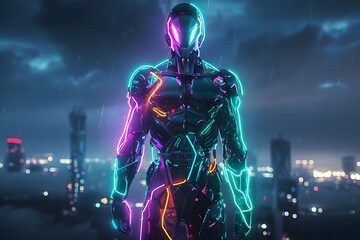 Obraz premium Futuristic Cyborg Warrior with Glowing Cybernetic Enhancements in Dystopian Cityscape