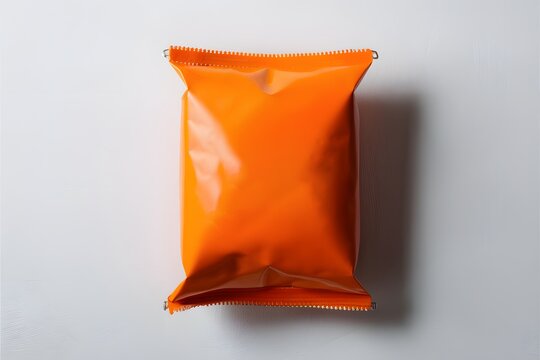 Rectangular orange packaging with zipper seal on clean white background promises freshness