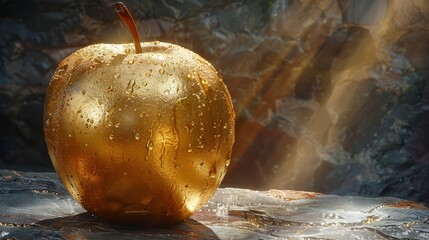 A thought-provoking still life contrasts the opulence of a gold-coated apple with the inevitable decay it's undergoing, challenging perceptions of value and impermanence