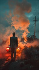 A stressed businessman stands by a smoking car after a breakdown on the roadside, signaling car trouble