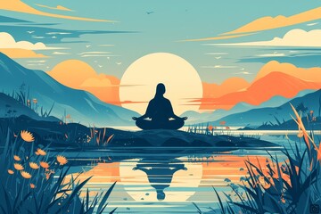 A person meditating in lotus position with their back to the camera, surrounded by water and mountains at sunset. 