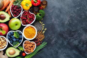 A variety of healthy_foods_in_heart-shaped bowls 