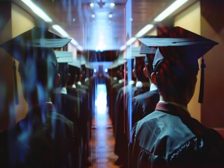 Reflection of a graduation ceremony on a computer screen. 