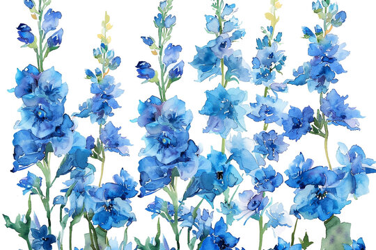 Watercolor delphinium clipart with tall spikes of blue flowers 
