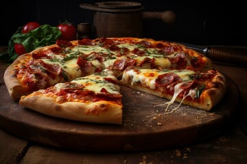 Wholesome Slice rustic pizza. Wooden table. Generate Ai