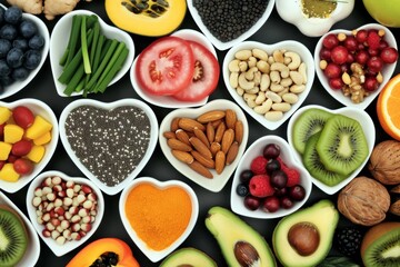 A variety of healthy_foods_in_heart-shaped bowls 