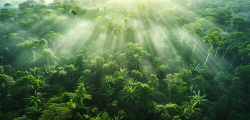 The rich, verdant layers of a dense rainforest canopy captured from above, with rays of sunlight...
