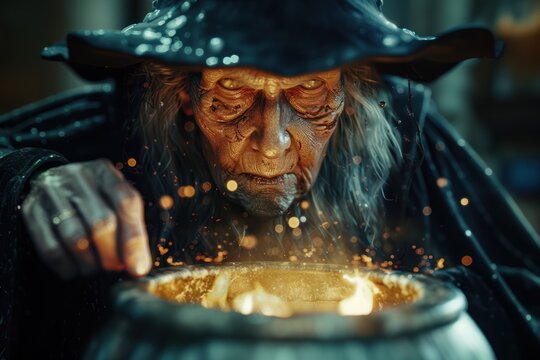 Old scary witch making potion in a large pot