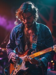 Obraz premium An energetic guitarist plays passionately on stage, his face blurred, with a backdrop of vibrant stage lighting and ambiance