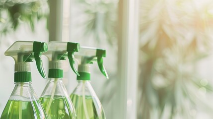 Eco-friendly cleaning spray bottles, close-up, green labels, soft focus background, indoor light