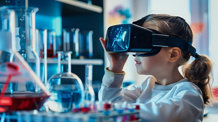 A child donning a VR headset, exploring a virtual laboratory environment filled with scientific equipment and experiments. The camera angle is eye-level, capturing the child's focus and engagement in 