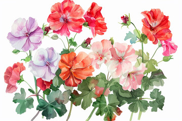 Watercolor geranium clipart with clusters of red, pink, and white blooms  