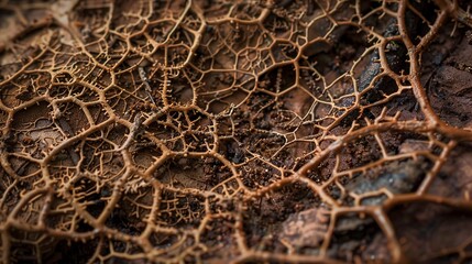 Mycelium network in forest soil, close-up, rich earthy tones, natural light, intricate patterns