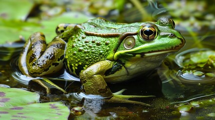 Frog in wetland area, close-up, natural camouflage, moist environment, detailed texture 
