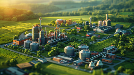 A lone red tractor tills a vast green field, dwarfed by the distant city skyline