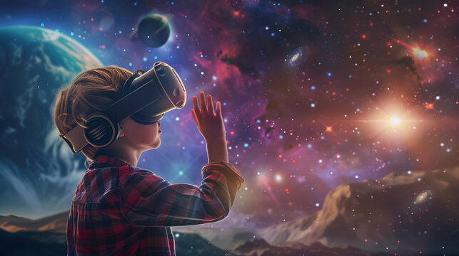 A young child wearing a VR headset, fully engrossed in a virtual reality simulation of outer space exploration. The camera angle is from behind, capturing the wonder on the child's face as they discov