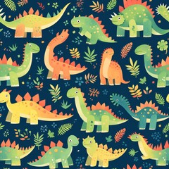 A pattern of dinosaurs in the jungle, their vibrant colors and intricate details captured with watercolor strokes on dark blue fabric background. 