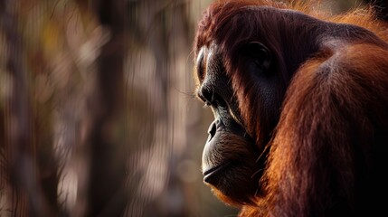 Orangutan in degraded forest habitat, close-up, poignant expression, soft focus background