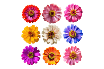 Set of colorful zinnia flowers isolated on transparent background