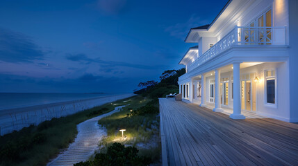 The night view of a white beach house, with exterior lights that highlight its beautiful wooden deck and the path leading to the beach. The house exudes a calm and relaxing atmosphere, 
