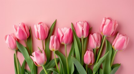 A beautiful bouquet of pink tulips on a pink background.