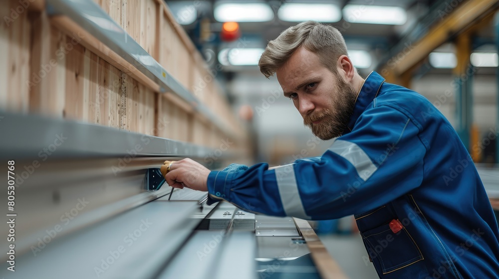 Poster A worker in blue overalls is using an caliper to measure the length of furniture. inside a modern factory with wood paneling and white walls. Generative AI.