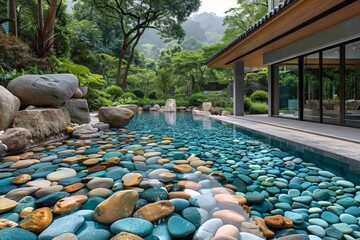 Fototapeta premium A serene image of a colorful pebble pond surrounded by a lusciously green garden, inviting relaxation and contemplation