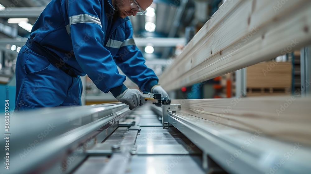 Poster A worker in blue overalls is using an caliper to measure the length of furniture. inside a modern factory with wood paneling and white walls. Generative AI.