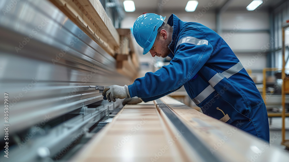 Poster A worker in blue overalls is using an caliper to measure the length of furniture. inside a modern factory with wood paneling and white walls. Generative AI.